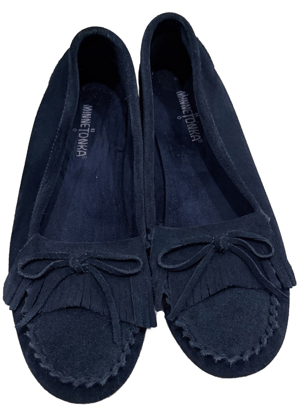 Minnetonka Kilty Navy Blue Suede Moccasin Flats - Size 8.5 Leather Loafer Shoes